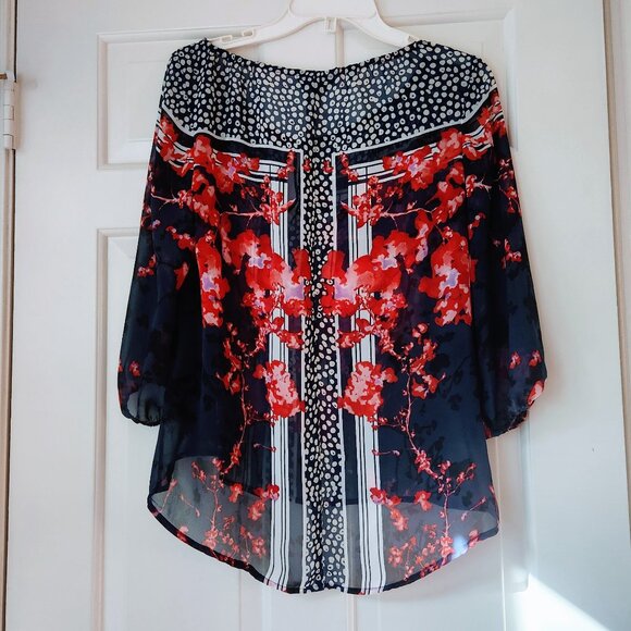 GUESS Los Angeles sz L Floral Semi-Sheer Blouse Top Long Sleeve Navy Blue Red - Picture 2 of 14